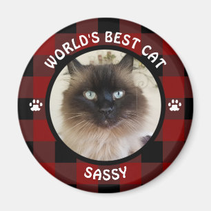 WORLDS BEST CAT Red and Black Buffalo Check Magnet