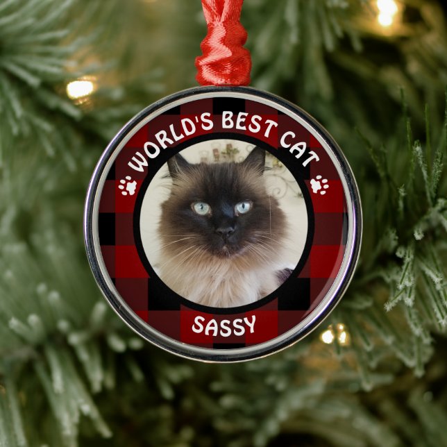 WORLDS BEST CAT Red and Black Buffalo Check Name Metal Tree Decoration (Tree)