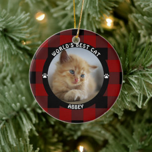 WORLDS BEST CAT Red Buffalo Check Personalised Ceramic Tree Decoration
