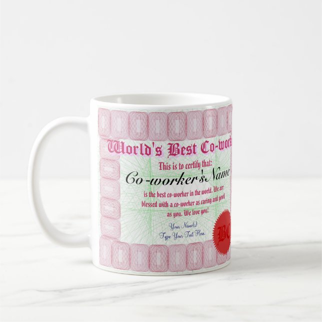 World's Best Co-worker Certificate Award Mug (Left)