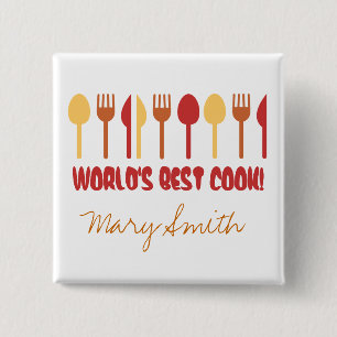 World's Best Cook Custom Name Red Orange 15 Cm Square Badge