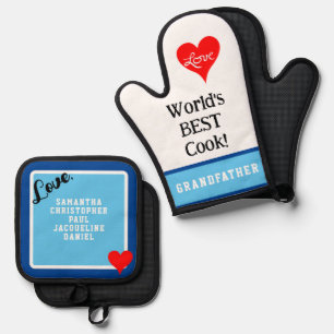 World's Best Cook Grandfather Heart Blue Oven Mitt & Pot Holder Set