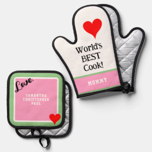 World's Best Cook Mummy Heart Pink Green Oven Mitt & Pot Holder Set