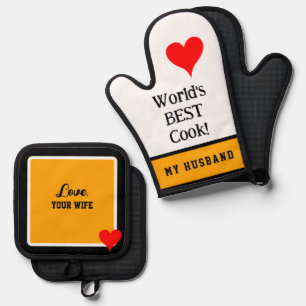 World's Best Cook My Husband Orange Black Oven Mitt & Pot Holder Set