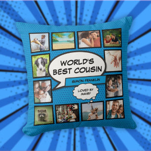 World's Best Cousin 12 Photo Collage Blue Fun Cushion
