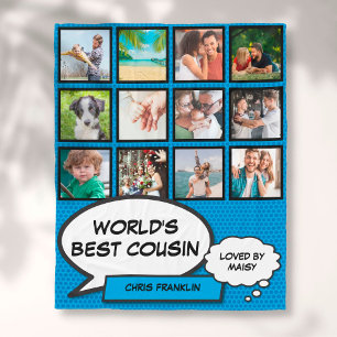 World's Best Cousin 12 Photo Comic Blue Fun Fleece Blanket