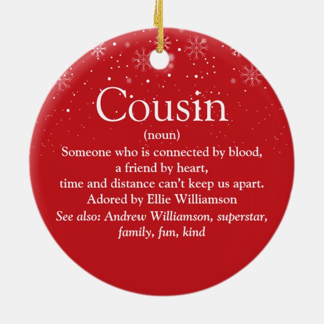 World's Best Cousin Definition Snowflakes Photo Ceramic Tree Decoration (Back)