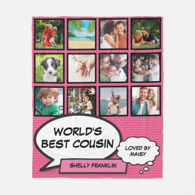 World's Best Cousin Photo Collage Comic Pink Fun Fleece Blanket (Front)