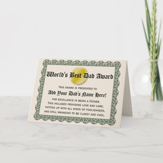 World's Best Dad Award Certificate Card (Front)