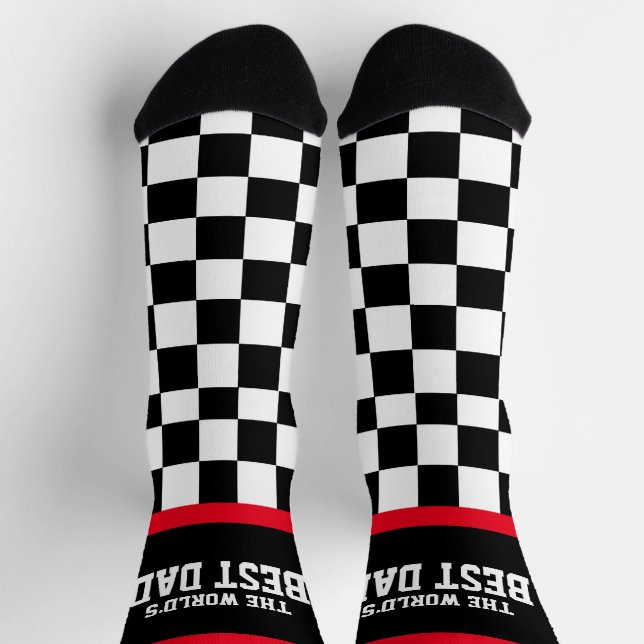 World's Best Dad chequered flag racing red black Socks (Top)
