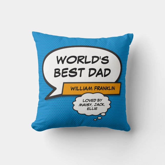 World's Best Dad, Daddy, Father Superhero Blue Fun Cushion (Front)