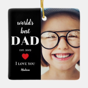 Worlds Best Dad I Love You Custom Kids Photo Black Ceramic Ornament