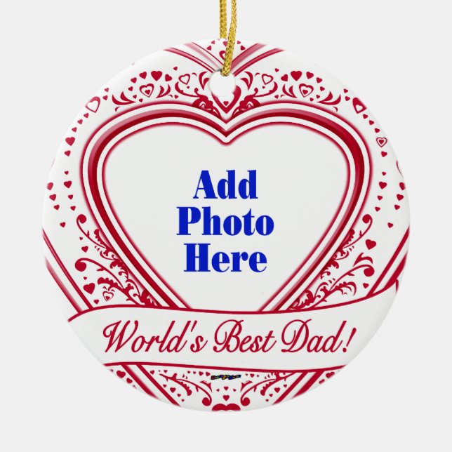 World's Best Dad! Photo Red Hearts Ceramic Tree Decoration (Front)