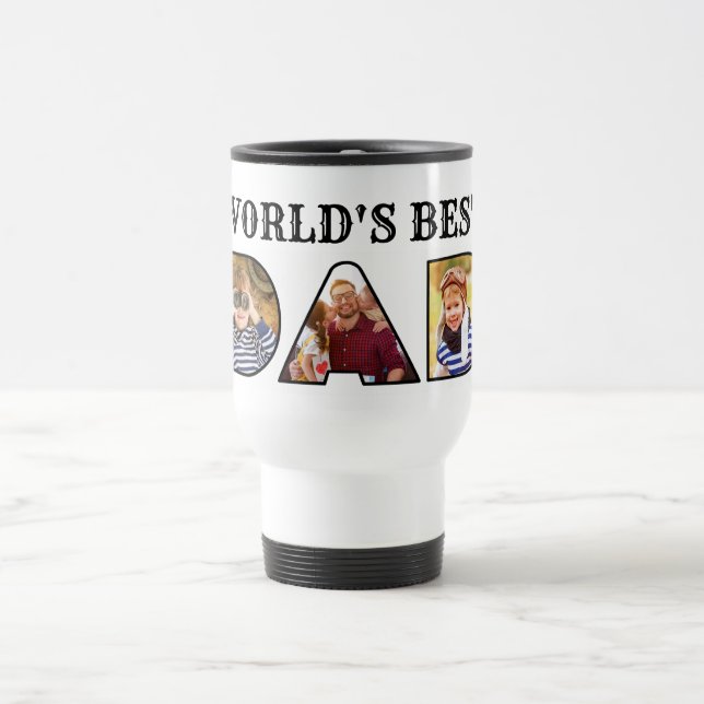 Worlds Best Dad Quote  Modern 3 Photo Collage Travel Mug (Center)