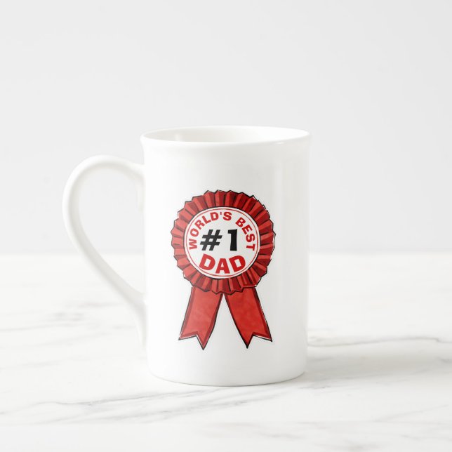 World's Best Dad Quote Red Ribbon Father's Day Bone China Mug (Left)