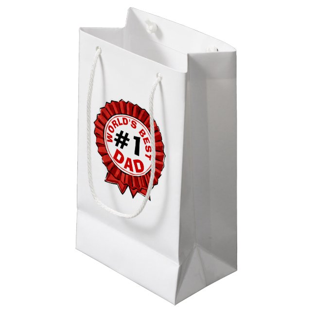 World's Best Dad Quote Red Ribbon Father's Day Small Gift Bag (Front Angled)