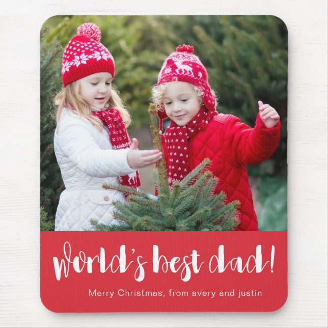 World's Best Dad Typography Photo Red Holiday Mouse Mat (Front)