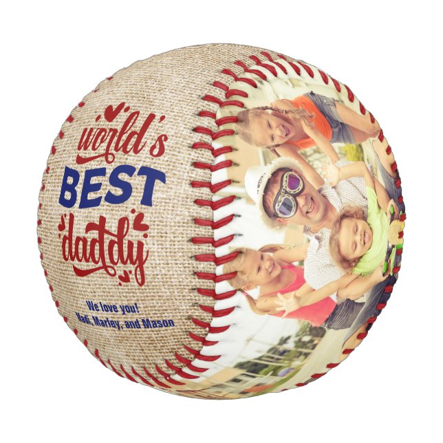 World's Best Daddy Red Blue Burlap 2 Family Photo Baseball (Angled)