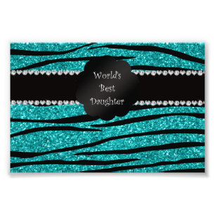 World's best daughter turquoise glitter zebra photo print
