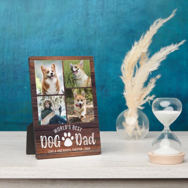 WORLDS BEST DOG DAD 4 Photo Collage Rustic Wood  Plaque (Side)