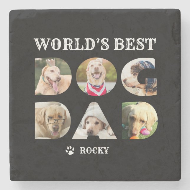 World's Best Dog Dad 6 Photo Collage Black Stone Coaster (Front)