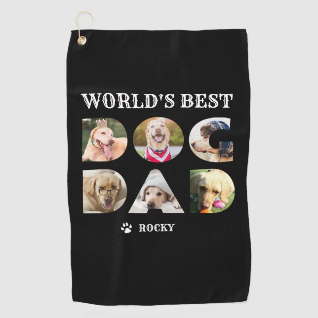 World's Best Dog Dad 6 Photo Collage Paw Black Golf Towel (Front)