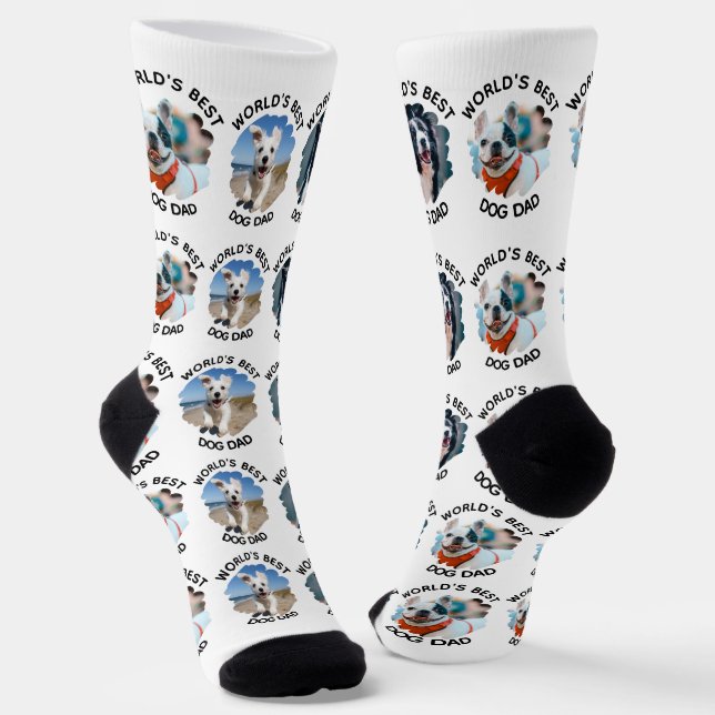World's Best Dog Dad – Custom 3 Dog Photos white Socks (Angled)