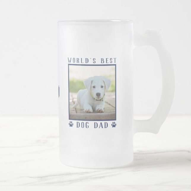 World's Best Dog Dad Navy Paw Prints Name Photo Frosted Glass Beer Mug (Right)