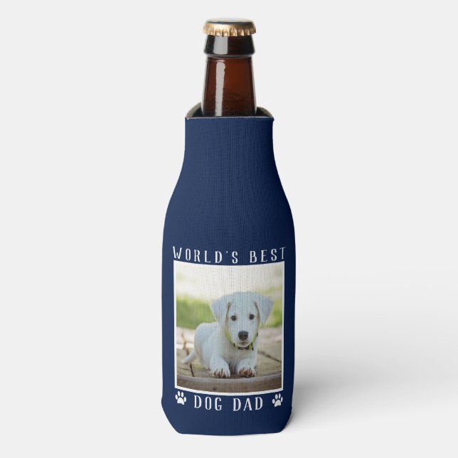 World's Best Dog Dad Paw Prints Pet Photo on Navy Bottle Cooler (Bottle Front)