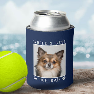 World's Best Dog Dad Paw Prints Pet Photo on Navy Can Cooler