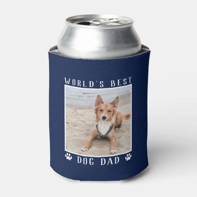 World's Best Dog Dad Paw Prints Pet Photos Navy Can Cooler (Can Front)