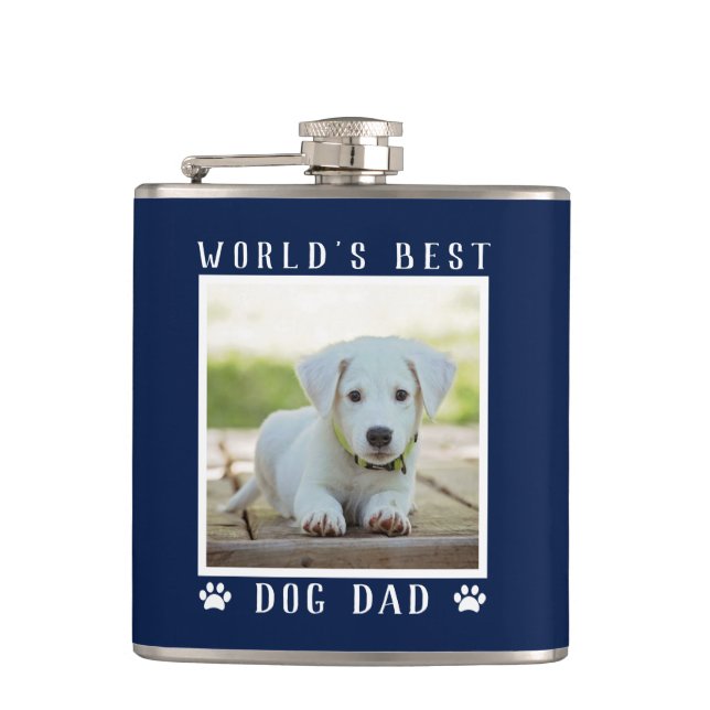World's Best Dog Dad Paw Prints Photo Navy 6 oz Hip Flask (Front)