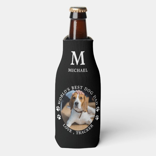 Worlds Best Dog Dad Personalise Monogram Pet Photo Bottle Cooler (Bottle Front)