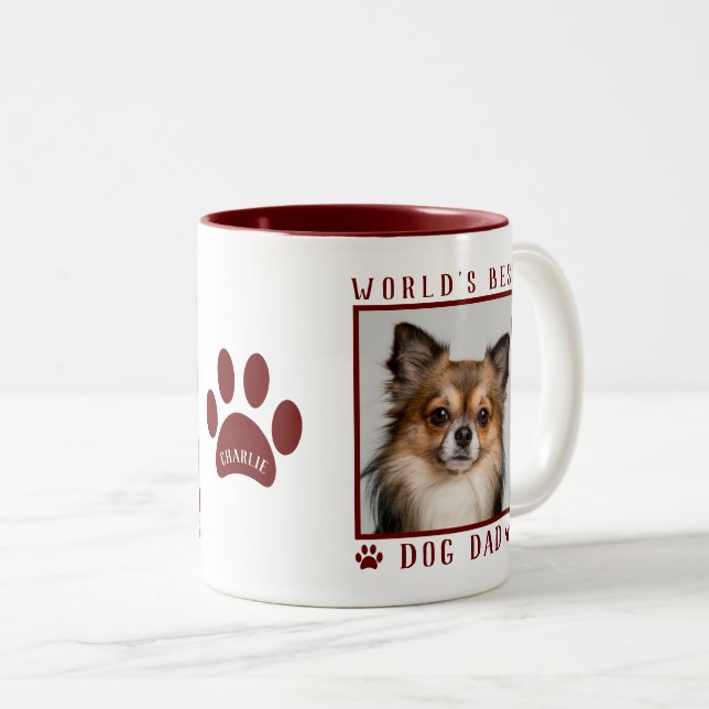 World's Best Dog Dad Photo Name Paw Prints Maroon Two-Tone Coffee Mug (Front Right)