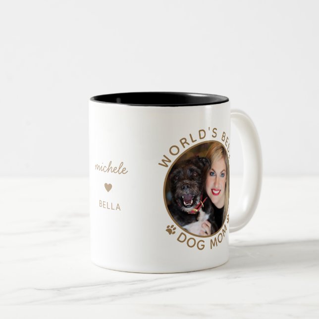 World's Best Dog Mum Gold Custom Name Pet Photo Two-Tone Coffee Mug (Front Right)