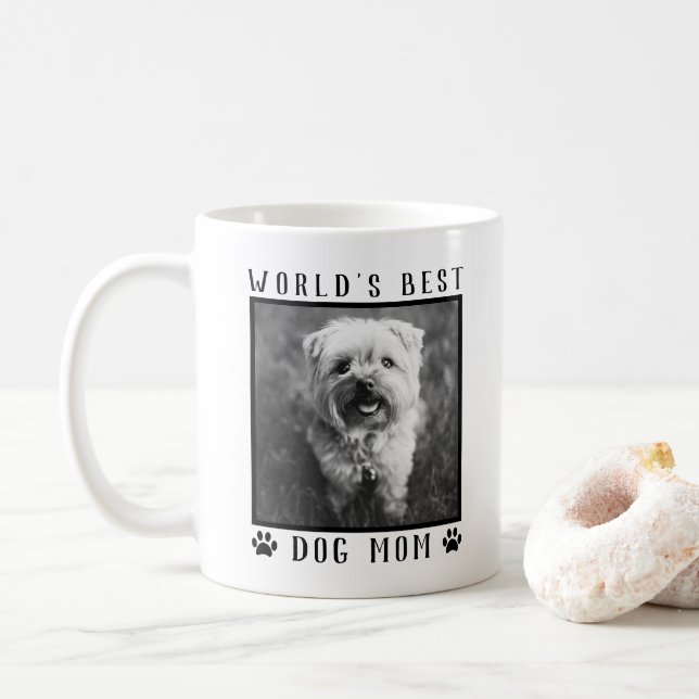 World's Best Dog Mum Paw Prints Black White Photo Coffee Mug (With Donut)