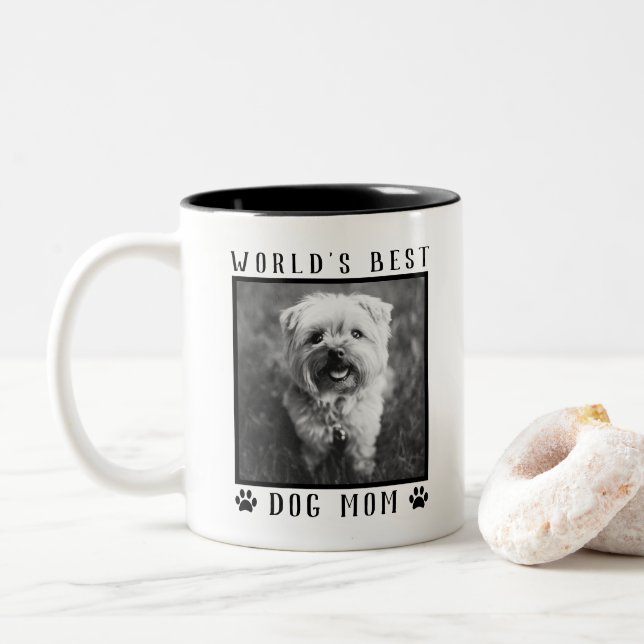 World's Best Dog Mum Paw Prints Black White Photo Two-Tone Coffee Mug (With Donut)