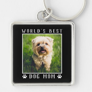 World's Best Dog Mum Paw Prints Pet Photo Black Key Ring