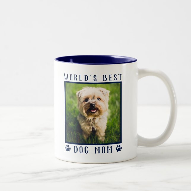 World's Best Dog Mum Paw Prints Pet Photo Navy Two-Tone Coffee Mug (Right)