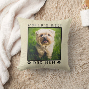 World's Best Dog Mum Paw Prints Pet Photo on Gold Cushion