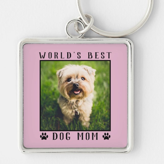 World's Best Dog Mum Paw Prints Pet Photo Pink Key Ring (Front)