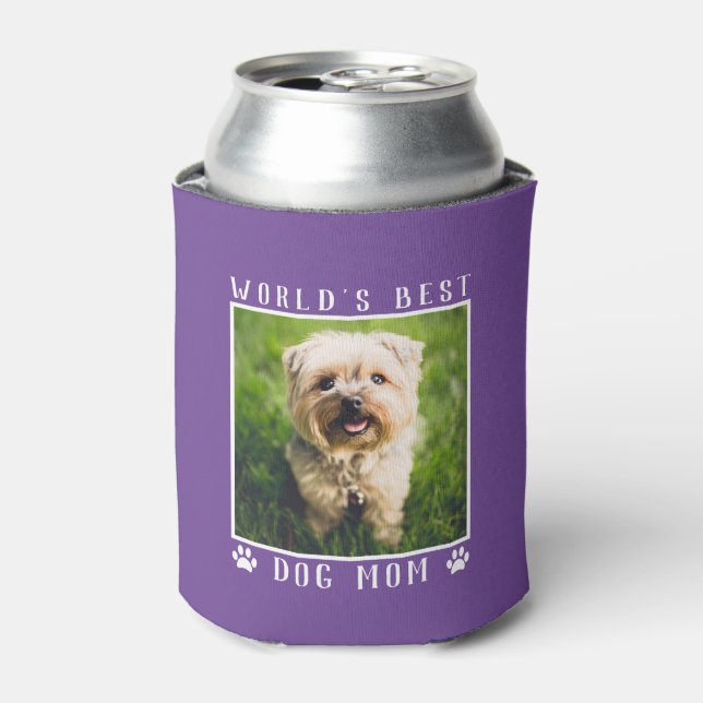 World's Best Dog Mum Paw Prints Photo on Purple Can Cooler (Can Front)