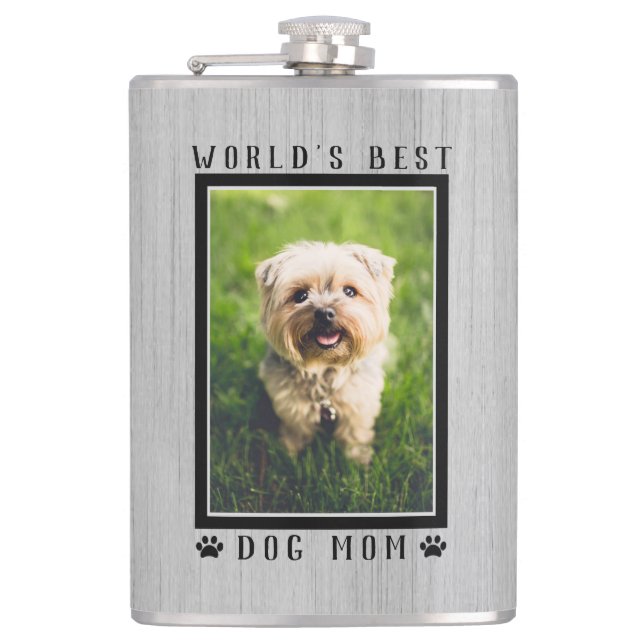 World's Best Dog Mum Paw Prints Photo Rustic Wood Hip Flask (Front)