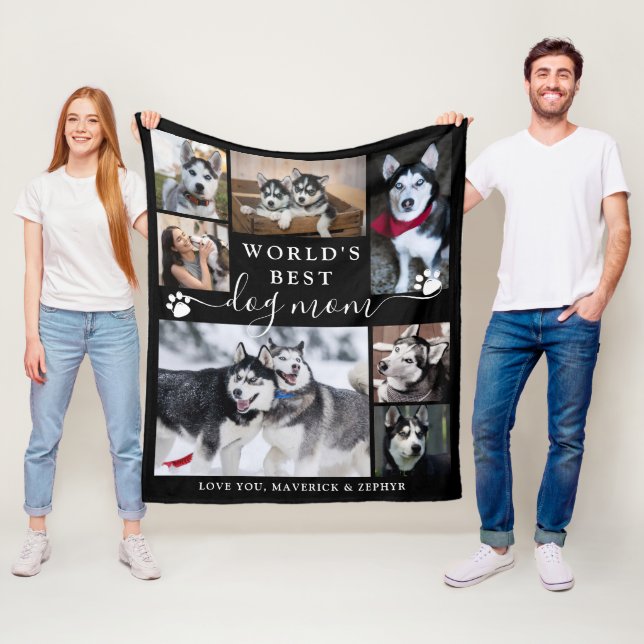 Worlds Best Dog Mum Paw Prints Script 7 Photo Fleece Blanket (In Situ)