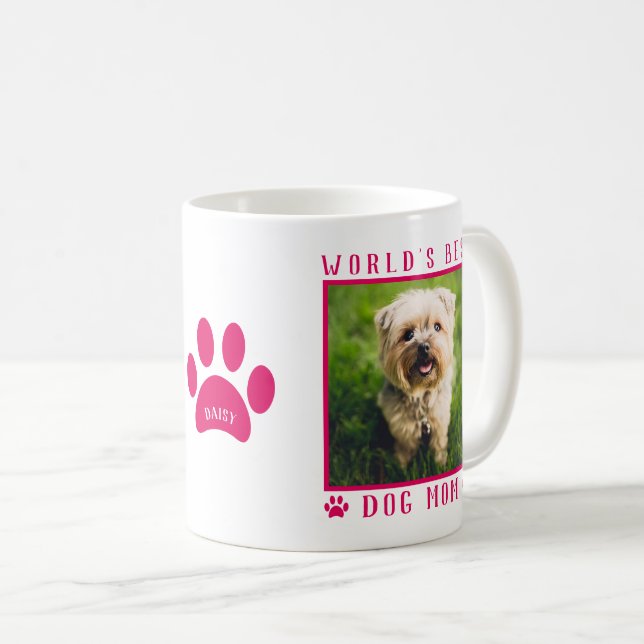 World's Best Dog Mum Photo Name Paw Print Hot Pink Coffee Mug (Front Right)