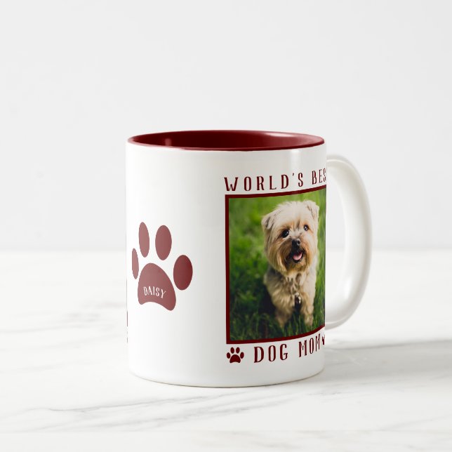 World's Best Dog Mum Photo Name Paw Prints Maroon Two-Tone Coffee Mug (Front Right)