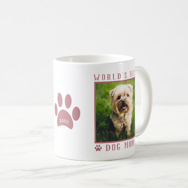 World's Best Dog Mum Photo Name Paw Prints Pink Coffee Mug (Front Right)