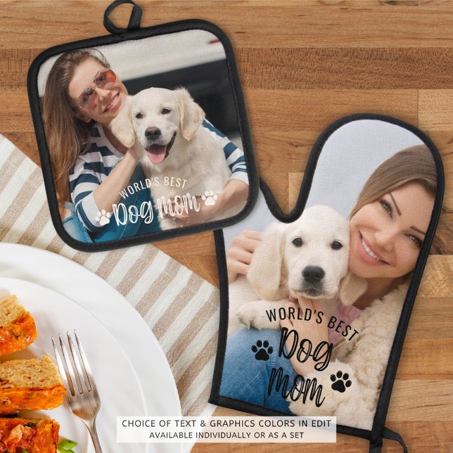 Worlds Best Dog Mum Photo Pawprints Oven Mitt & Pot Holder Set (Creator Uploaded)