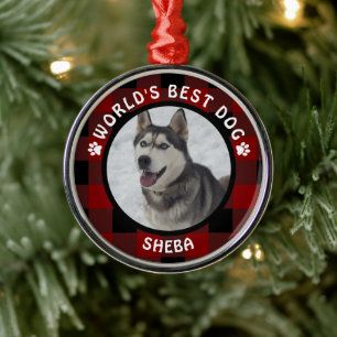 WORLDS BEST DOG Red Buffalo Check Personalised Metal Tree Decoration