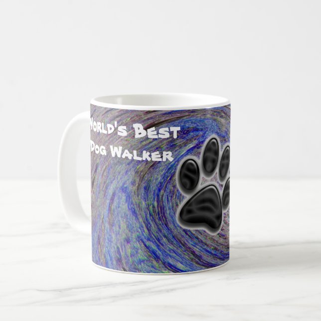 Worlds Best Dog Walker Blue Spiral Puppy Paw Print Coffee Mug (Front Left)
